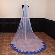 Royal Blue Cathedral Veil 3M X 1.5M, Lace Tulle With Metal Comb, Long Train Bridal Headpiece For Runway Wedding - Multicolor - View 5