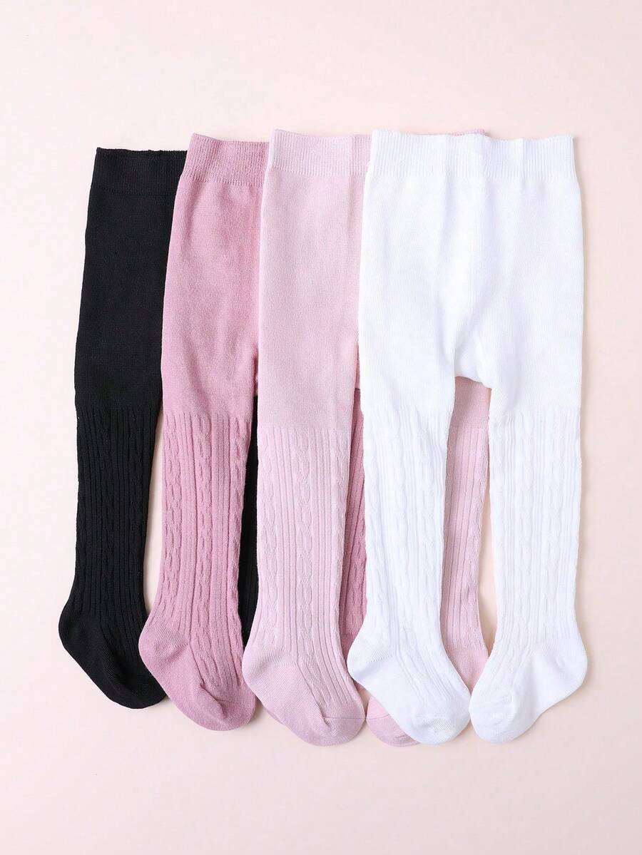 4pcs Pack Girls Elastic Tight Knit Patterned Tights, Soft & Elegant