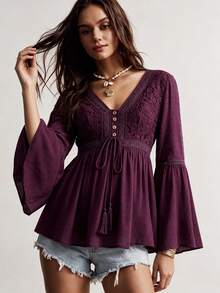 Rusttydustty Top feminino estilo boémio com renda, patchwork, manga sino e laço na cintura - roxo - Ver 8