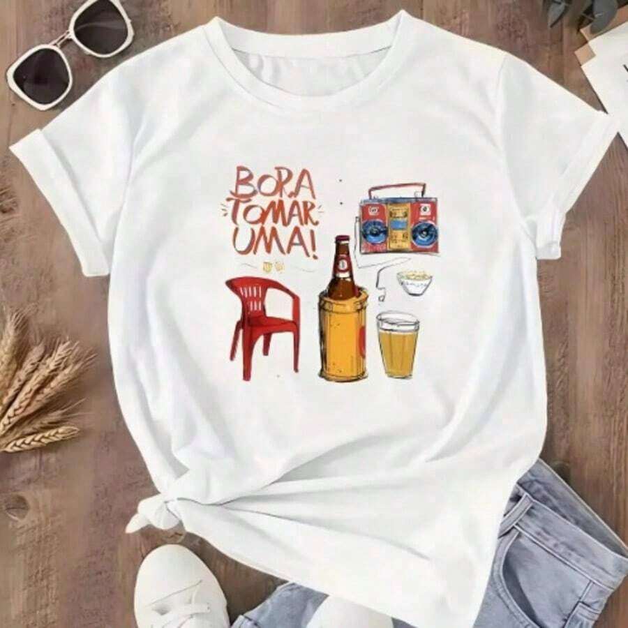 NEW Printed T-Shirt For Men And Women "Let's Have A Drink" 100% Cotton - Unisex Urban Vintage Style, Short Sleeve Crew Neck T-Shirt - 白色 - 查看 1