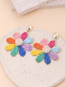 1 Pair Handmade Bohemian Style Raffia Woven Floral Earrings, Retro Contrast Color Metal Earrings, Suitable For Beach, Party, Afternoon Tea, Daily Commute - Multicolor - View 5
