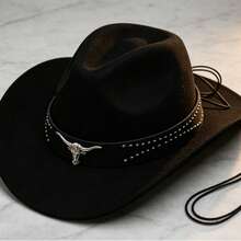 Men Women Western Cowboy Hat, Wide Brim Cowgirl Hat With Bull Head Buckle Leather Band, Ranch Style Hat For Rodeo, Country Concert, Party & Daily Wear - Black - View 2