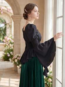 Summer Tops Women's Renaissance Shirt Long Sleeve Off The Shoulder Victorian Gothic Shirt Costumes Pirate Tops - 黑色 - 查看 2