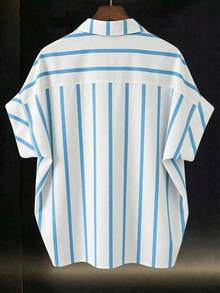 Camisa de mujer de diseño francés de alta gama con mangas tipo murciélago sueltas y cuello, camisa de rayas, camisa de manga corta, adecuada para atuendos de primavera/verano, ropa - Celeste - Ver 2