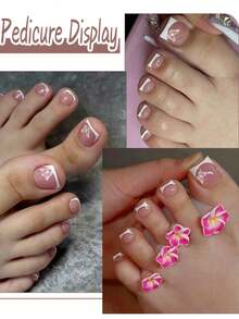 120 pièces Autocollants pour ongles d'orteils style français - Motif papillon rose nude, 12 tailles carrées courtes à couverture complète, faux ongles d'orteils réutilisables pour l'art des ongles de pied d'été pour femmes - Multicolore - Voir 6