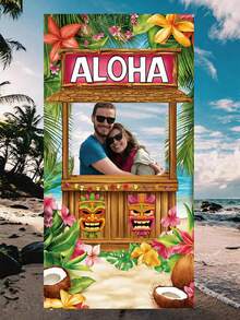 色彩缤纷的热带风情 ALOHA 派对相框，夏威夷提基风格拍照道具，饰有棕榈叶和芙蓉花图案，适合夏威夷主题派对、海滩婚礼、夏季烧烤和泳池派对。色彩缤纷的夏威夷提基风格拍照背景，适合夏季烧烤派对、海滩和泳池派对摄影道具。 - 夏威夷拍照背景布-豎向 - 查看 2