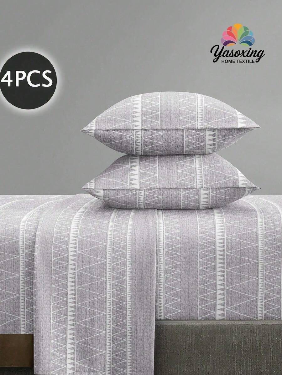 4pcs/Set Grey Boho Geometric Stripes Pattern Sheet Set Easy Care Microfiber Soft Bedding Set Floral Fitted Sheet Set (1pc Flat Sheet+1pc Fitted Sheet+2pcs Pillowcases)Fitted Sheet Set King Queen Full TWIN SIZE Sheet Deep Pocket Up To 11.8 Inch Pillowcase, Soft Breathable Wrinkle-Free Better For Sleep, Luxury Hotel Style, Gift For Mom Dad Friend - Grey - View 1