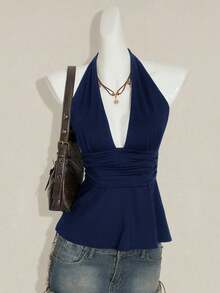 Top de tirantes sin espalda negro tipo babydoll para mujer, diseño de Halloween - Azul - Ver 1