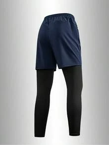 Men's Outdoor 2-In-1 Long Pants,Stretch Compression Tights For Trail Running, Hiking & Outdoor Training Sports - Navy Blue - View 3
