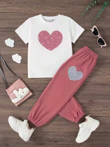 Set de 2 piezas de ropa casual de verano para niñas, que incluye una camiseta de manga corta con estampado de corazones y pantalones de longitud completa, con ajuste regular - Rosa Oxidada - Ver 1