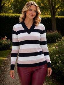 Women's Striped Sweater Top | Women's Long Sleeve Striped Top | Striped V-Neck Top - 蒙特內哥羅 - 查看 3