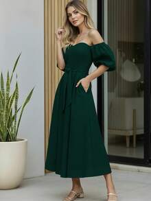 Women's Off-The-Shoulder Long Dress With Adjustable Belt And Puff Sleeves - 深綠色 II - 查看 2