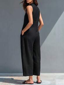 Mono de verano sin mangas con cuello alto y media botonadura, pierna ancha, bolsillos grandes, ajuste holgado y relajado, mono casual para ir al trabajo y vacaciones, efecto estilizante, color negro - Negro - Ver 5