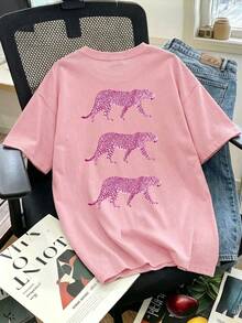Summer New Casual Chic Pink Leopard Print Round Neck Short Sleeve T-Shirt, Fashionable Versatile T-Shirt For Women - Baby Pink - View 1