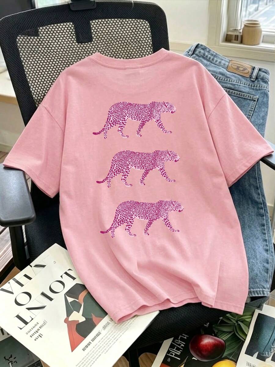 Summer New Casual Chic Pink Leopard Print Round Neck Short Sleeve T-Shirt, Fashionable Versatile T-Shirt For Women - Baby Pink - View 1
