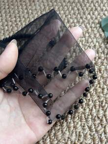 1pc Black Beaded Edge Tulle Headband, Gothic Mesh Forehead Hair Accessory, Halloween Ghost Bride Party Hair Ornament - Black - View 5
