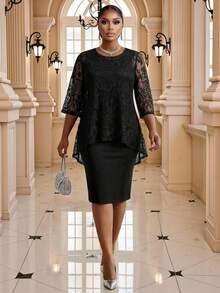 Fleurora Spring And Summer Autumn And Winter Elegant Commuting Office Black Lace Knitted Scoop Neck Midi Three Quarter Length Sleeve - Black - View 7