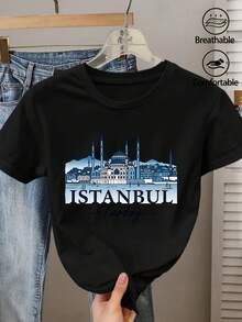 Simple And Comfortable Women's Cotton T-Shirt With Istanbul Mosque Print For Eid Mubarak - Vintage Style, Short Sleeve, Round Neck, With Islamic Architecture, Ideal For Spring, Summer, Casual Wear And As A Gift For Eid-Fitr. - 黑色 - 查看 1