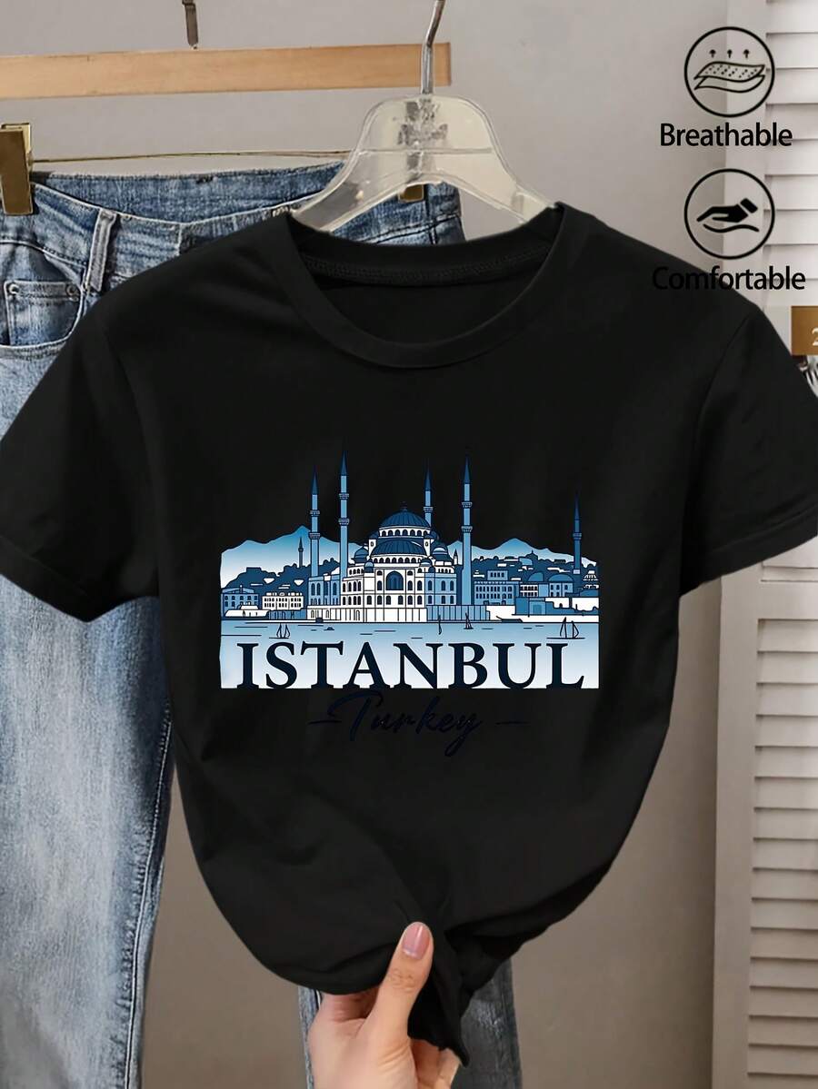 Simple And Comfortable Women's Cotton T-Shirt With Istanbul Mosque Print For Eid Mubarak - Vintage Style, Short Sleeve, Round Neck, With Islamic Architecture, Ideal For Spring, Summer, Casual Wear And As A Gift For Eid-Fitr. - 黑色 - 查看 1
