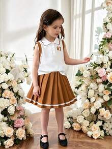 Baby Girl Numeric Print Short Sleeve Top And Solid Color Pleated Skirt - White - View 1