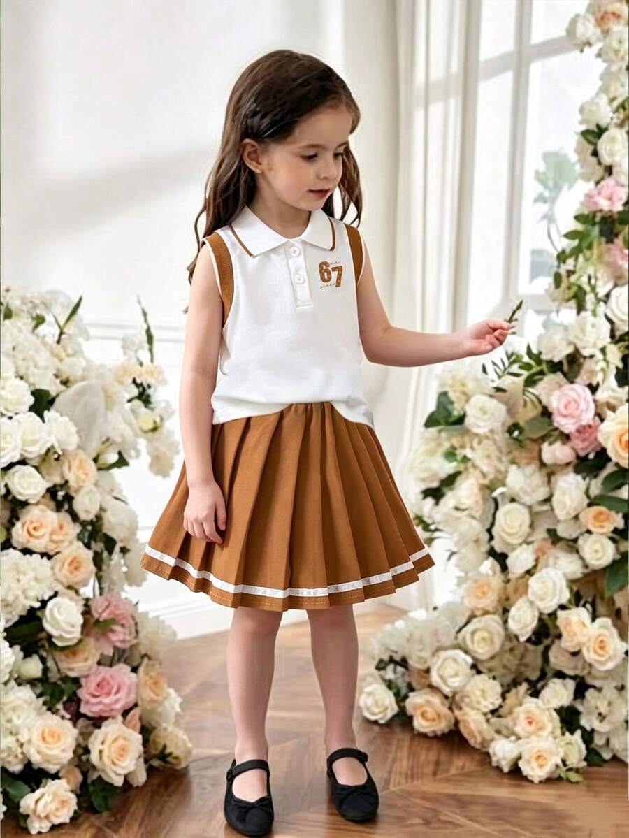 Baby Girl Numeric Print Short Sleeve Top And Solid Color Pleated Skirt - White - View 1