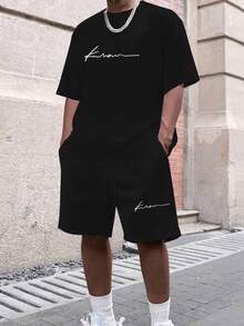Conjunto de camiseta de manga corta y pantalones cortos para hombre, básico y versátil - Negro - Ver 12