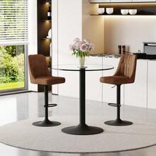 Modular Bar Set: 89cm Glass Table + 2 Swivel Bar Stools Upholstered In Brown Technical Fabric. Black Metal Frame With Comfortable Footrest. The Ideal Choice For Your Home Bar. - Black and Brown - View 4