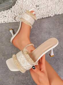 Women Open Toe Heels, Slip On Slide Sandals With Front Strap - White - View 8