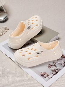 ASOFTER New Women's Minimalist Clog Shoes, Low-Top Slip-On Hollow Out Design, Letter Print, Casual Flat Shoes - White - View 4