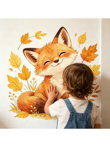 Watercolor Cute Fox Wall Sticker, Autumn Leaves & Floral Wall Decal, Removable Peel And Stick For Kids Room, Nursery, Home Decor - Cute Watercolor Fox - View 2