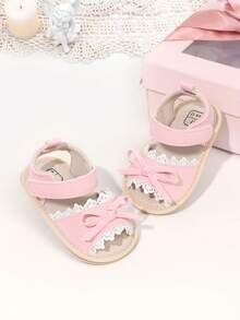 1 Pair Girls Bowknot PU Hook And Loop Design Flat Non-Slip Princess Shoes Soft Rubber Sole Walking Shoes Hollow Breathable Infant Sandals Suitable For Spring And Summer - Pink - View 4