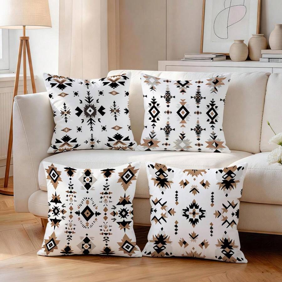 4pcs Bohemian Geometric Pattern 4-Piece Set Single-Sided Printed Throw Pillow Sofa Covers - Peach Skin Velvet Pillowcases, Decorative Pillowcases Suitable For Living Room Sofa Bedroom, Pillow Inserts Not Included - Multicolor - View 1