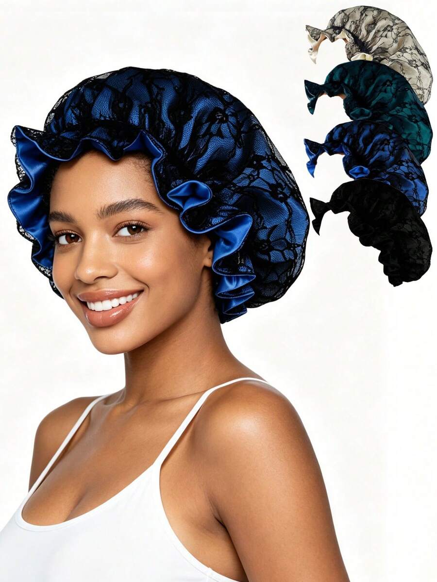 1 pieza Gorro de dormir de satén con ribete de encaje, exterior de encaje delicado con forro interior de satén suave, estilo elegante vintage, ribete de volantes elásticos para un ajuste ceñido, transpirable, anti-frizz y anti-estático; adecuado para dormir en casa, cuidado de la piel, spa, viajes o estilismo de vacaciones, disponible en varios colores, cuidado suave del cabello, combinando estética y practicidad, playa, festival - multicolor - Ver 1