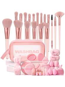 47 pièces Ensemble d'outils de maquillage tout-en-un, 18 pièces Pinceaux de maquillage doux, Sac cosmétique zippé étanche, Éponges de maquillage, Diverses houppettes, Éponges nettoyantes, Bandeau, Sangles pour les mains, Nettoyants doubles et outil facial en silicone - Multicolore - Voir 1