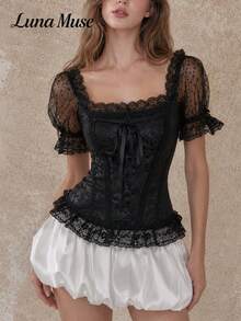 Luna Muse Women's Spring/Summer New Vintage Polka Dot Lace Corset Top, Victorian Style Ruffle Trim Fitted Bodysuit, Sexy Y2K Aesthetic Lace-Up Tank Top, Delicate Feminine Style, Suitable For Daily Wear, Party, Vacation, Date Night, Music Festival, Valentine's Day, New Year, Lolita - Black - View 1