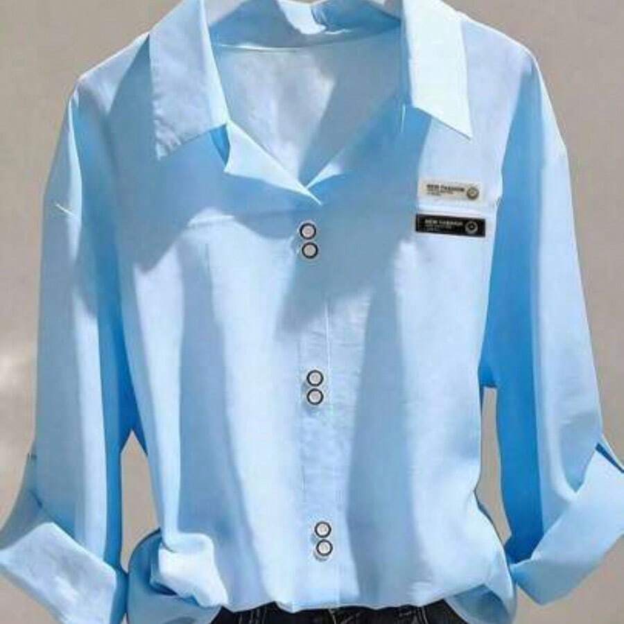 Camisa de mujer de manga larga de punto de poliéster blanca, camisa con botones delanteros, camisa de botones de dos tonos, camisa de manga enrollada primaveral - Lago Azul - Ver 1