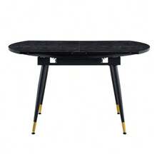 Modern Extendable Dining Table, Convertible From Round To Oval, Black/Walnut MDF Top With Gold Details, Sturdy Metal Legs, Space-Saving For The Kitchen And Dining Room - 黑色 - 查看 1