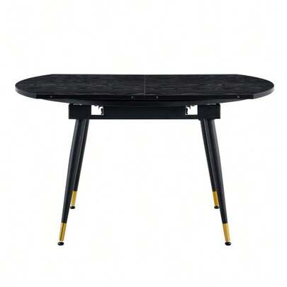 Modern Extendable Dining Table, Convertible From Round To Oval, Black/Walnut MDF Top With Gold Details, Sturdy Metal Legs, Space-Saving For The Kitchen And Dining Room