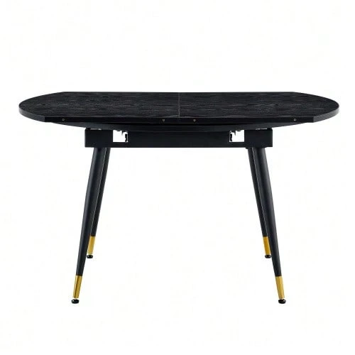 Modern Extendable Dining Table, Convertible From Round To Oval, Black/Walnut MDF Top With Gold Details, Sturdy Metal Legs, Space-Saving For The Kitchen And Dining Room - 黑色 - 查看 1