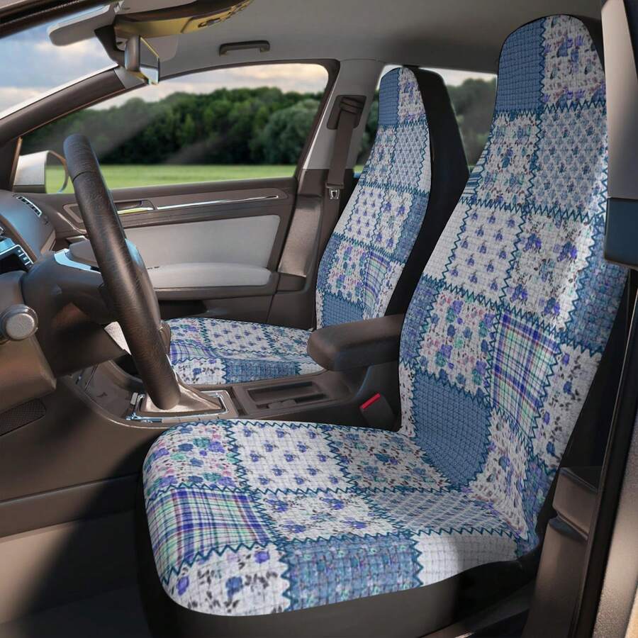 2pc Boho Patchwork Car Seat Cover Set, Print Faux Illusion Patchwork Crochet Quilt Car Seat Cover Interior Retro Vintage Preppy New Driver Gift - G - 查看 1
