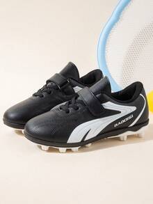 Children's Turf Soccer Shoes | Classic Black And White Color Training Shoes | Hook And Loop Easy On And Off | Outdoor Sports Shoes For Primary And Middle School Students - Black - View 4