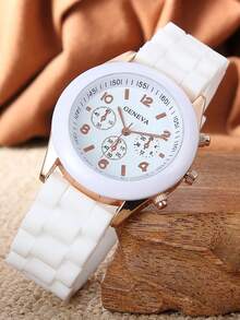 1pc White Dial With Rose Gold Hands, Triple Subdial Chronograph Design, White Silicone Strap, Exuding Gentle And Youthful Charm - White - View 3