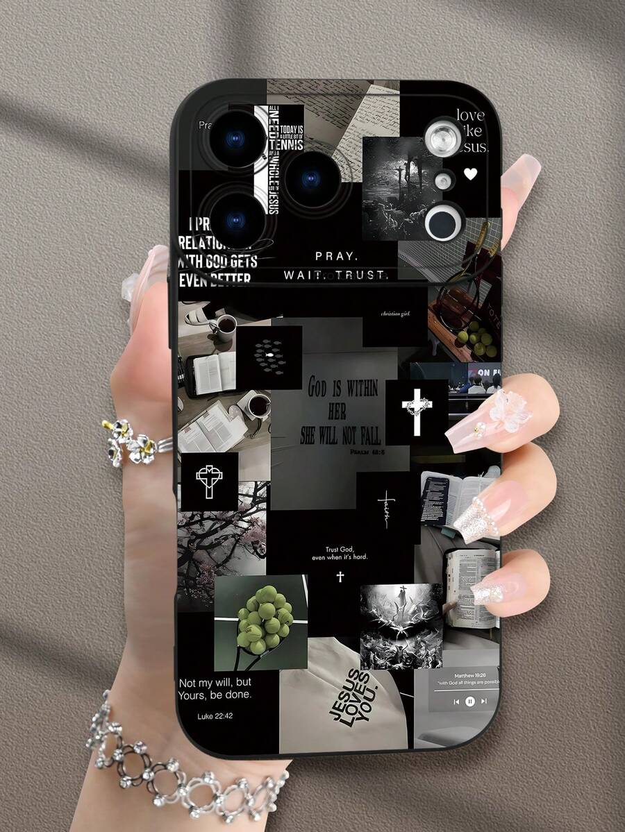 1pc Black & White Graphic Pattern Stylish Religious Believer Design Soft Protective Phone Case, Suitable As Gift For Friends, Family, Couples, Yourself, Compatible With IPhone 17/16/15/14/13/12/11/Pro/ProMax/X/XR/XS/XSMAX/7/8/PLUS And Models - Black - View 1
