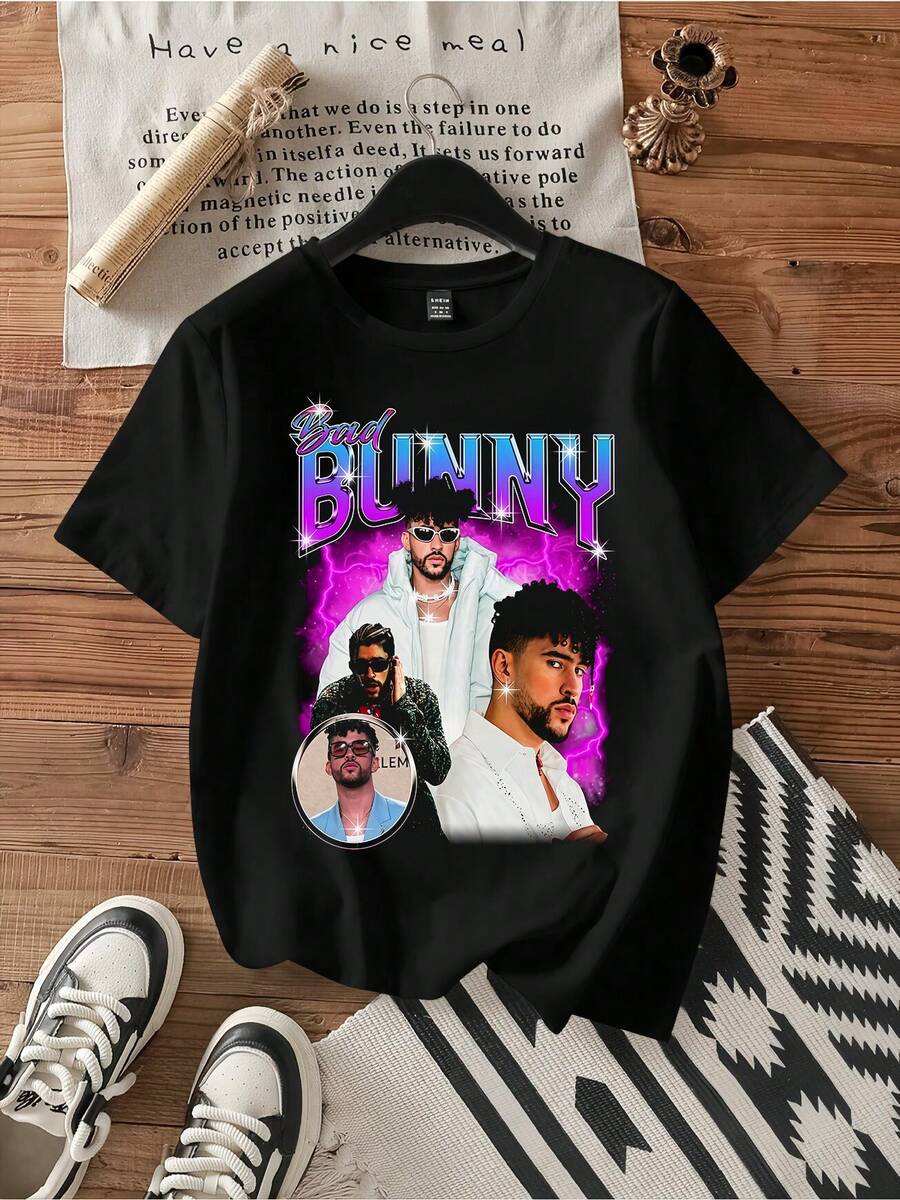 Retro Bootleg Graphic Shirt.Vintage Graphic Print Casual Cotton Short Sleeve T-Shirt - Black - View 1