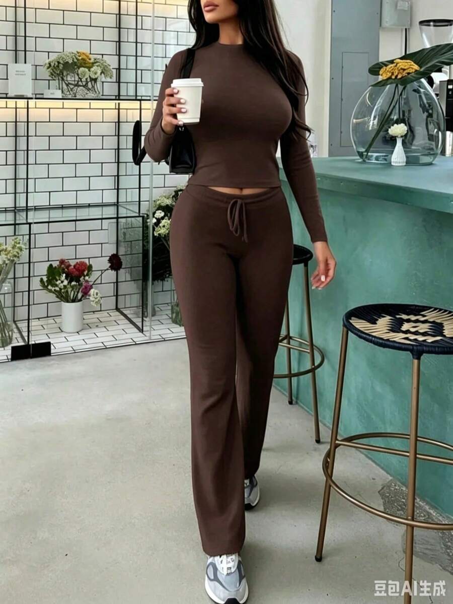 Boho Chic,Euro-American Style,Women's Casual Clothing Solid Color Two-Piece Women's Casual Waist Pleated Long-Sleeved Top With Trousers Suit, - 棕色 - 查看 1
