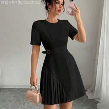 Fengyu Women's Clothing Store  Nuevo vestido elegante para mujer con cuello redondo, manga corta y volante en el bajo, color albaricoque, para primavera/verano - Negro - Ver 1