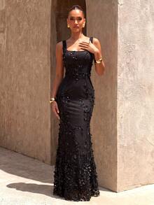 UNITHORSE Women's Square Neck Backless Tie-Waist Sequin Beaded Bodycon Dress, Evening Gown - Black - View 3