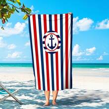 Red And White Striped Three-Color Anchor Printed Beach Bath Towels, Retro Navy Style Bath Towels, Nautical Color Block Anchor Pattern Bath Towels, Quick-Drying, Absorbent And Sand-Proof, Large Size, Light And Portable - G - View 14