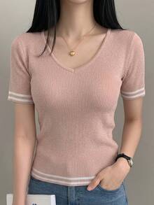 レディース サマーニット 半袖 リブニット Vネック トップス カットソー Tシャツ プルオーバー 配色ライン ボーダー ショート丈 クロップド丈 タイト スリム フィット 細見え 着痩せ 華奢見え スタイルアップ 小顔効果 骨格ウェーブ 骨格ストレート 大人可愛い きれいめ フェミニン カジュアル オフィスカジュアル 通勤 デート デイリー 上品 フレンチカジュアル 韓国ファッション ブラック 黒 バイカラー 春 夏 秋 おしゃれ - ホワイト - チェックする 9