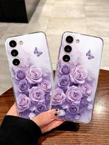 1件優雅鮮豔紫色玫瑰花與蝴蝶軟手機殼，適用於 iPhone 17 系列、Honor、Galaxy A04e/12/A13/A14/A34/A50/A52/A53/A54/S21/S22/S23/S24/S25/S25Ultra、6A/7A/8A、12T/13T - 無色 - 查看 2